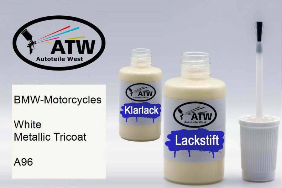 BMW-Motorcycles, White Metallic Tricoat, A96: 20ml Lackstift + 20ml Klarlack - Set, von ATW Autoteile West.